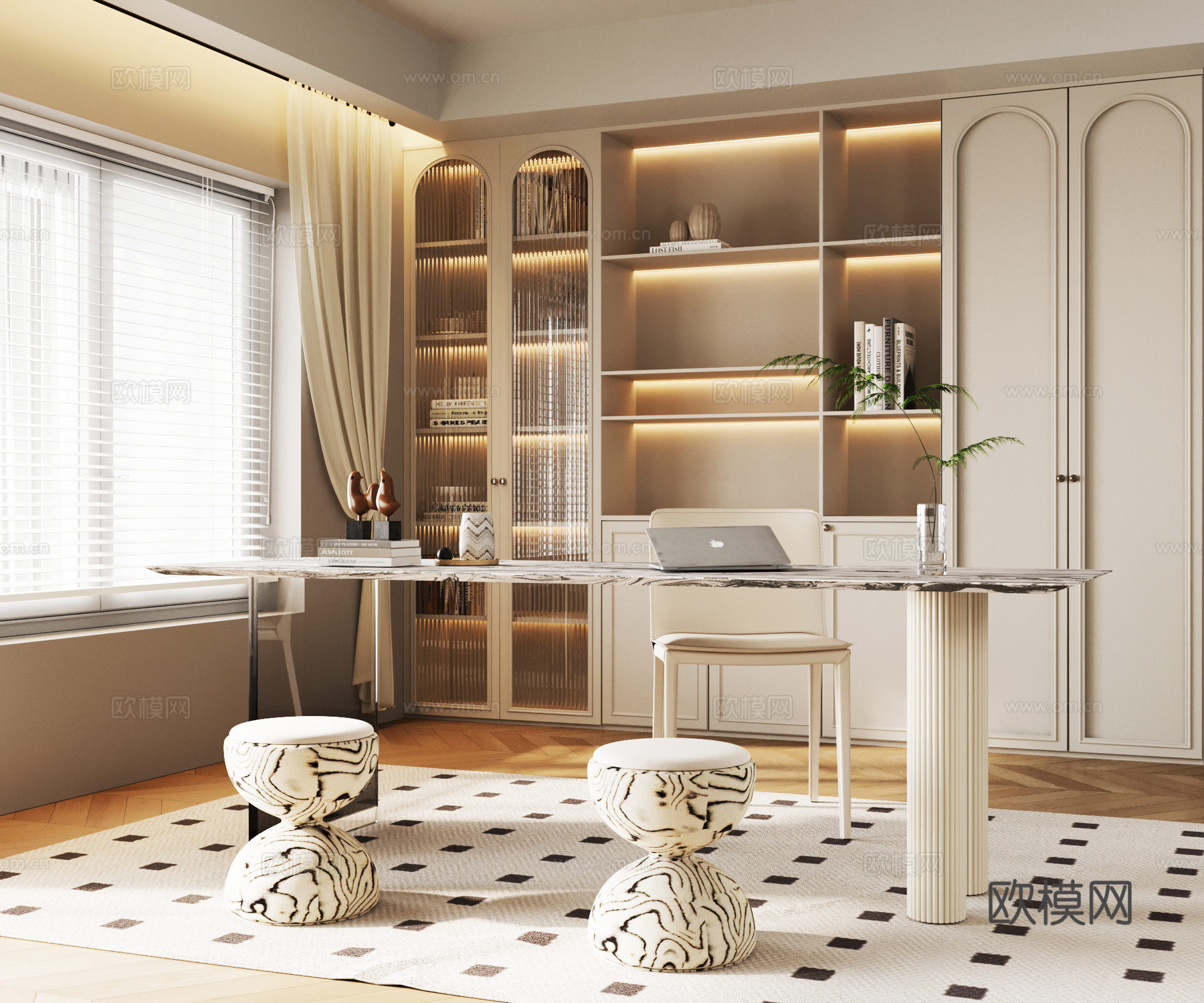法式奶油风书房 书桌椅 书柜su模型