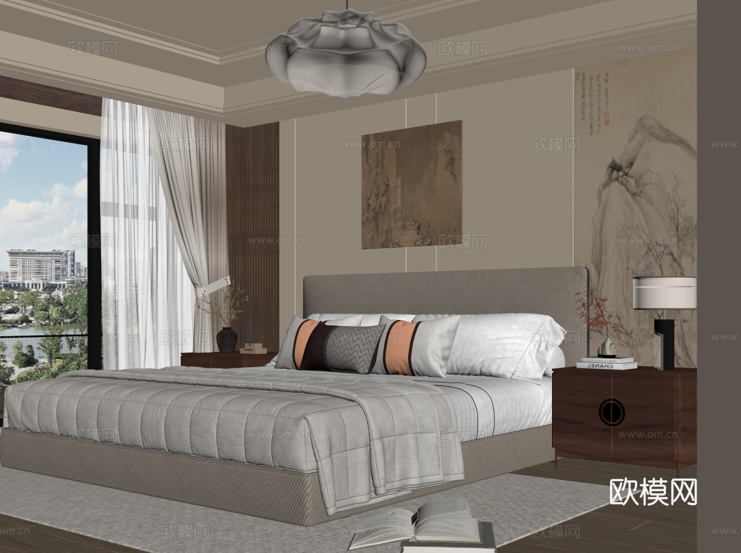 新中式卧室 双人床 床头柜 背景墙su模型