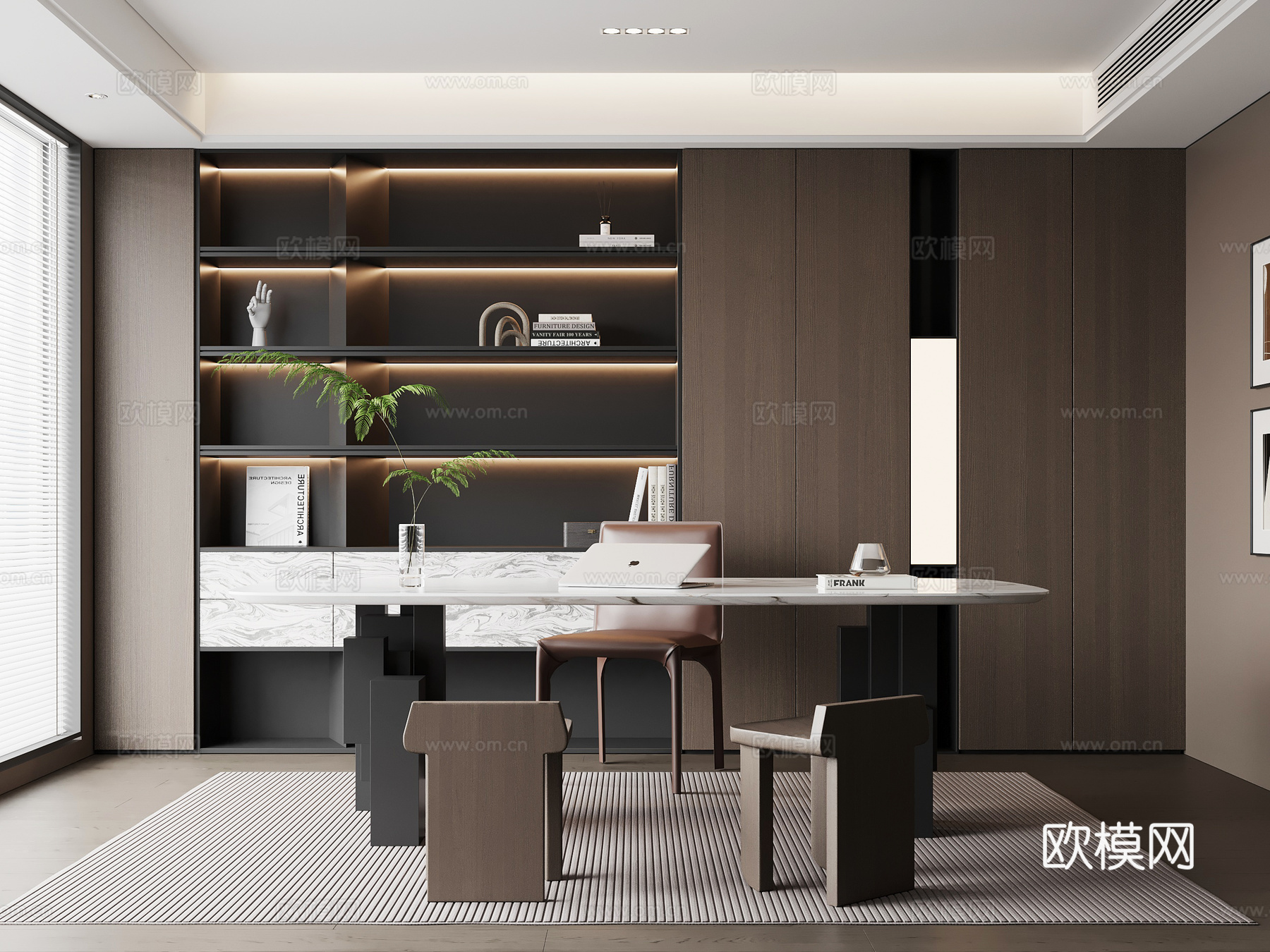 现代意式书房 书桌椅 书柜su模型