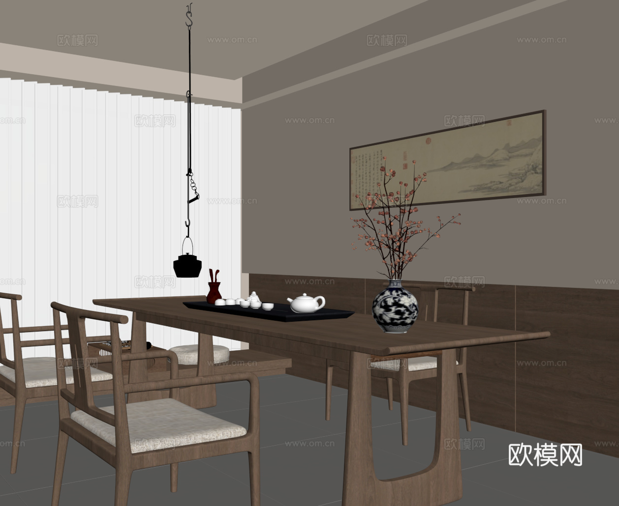 新中式茶室 实木茶桌椅 背景墙 茶台su模型
