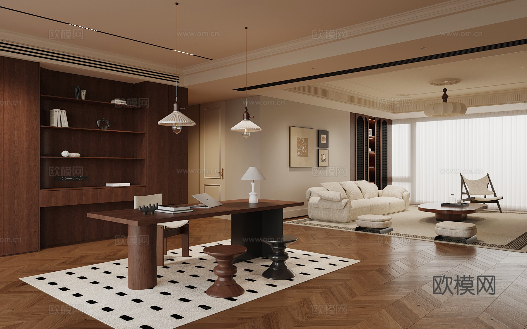 中古风客厅 沙发茶几组合 背景墙 开放式书房su模型