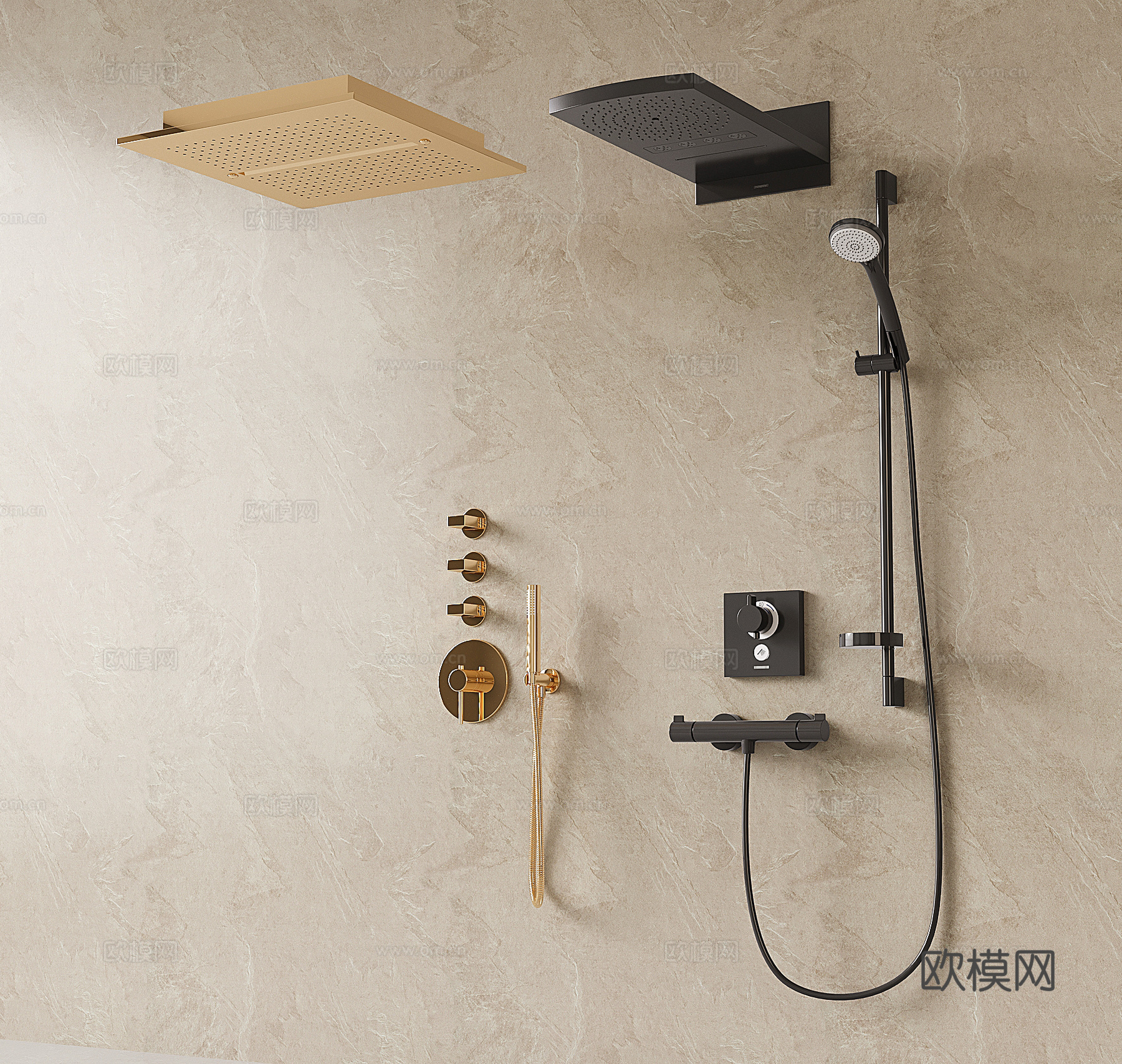 现代嵌入式淋浴 天幕瀑布花洒 隐藏式花洒 暗装淋浴花洒su模型