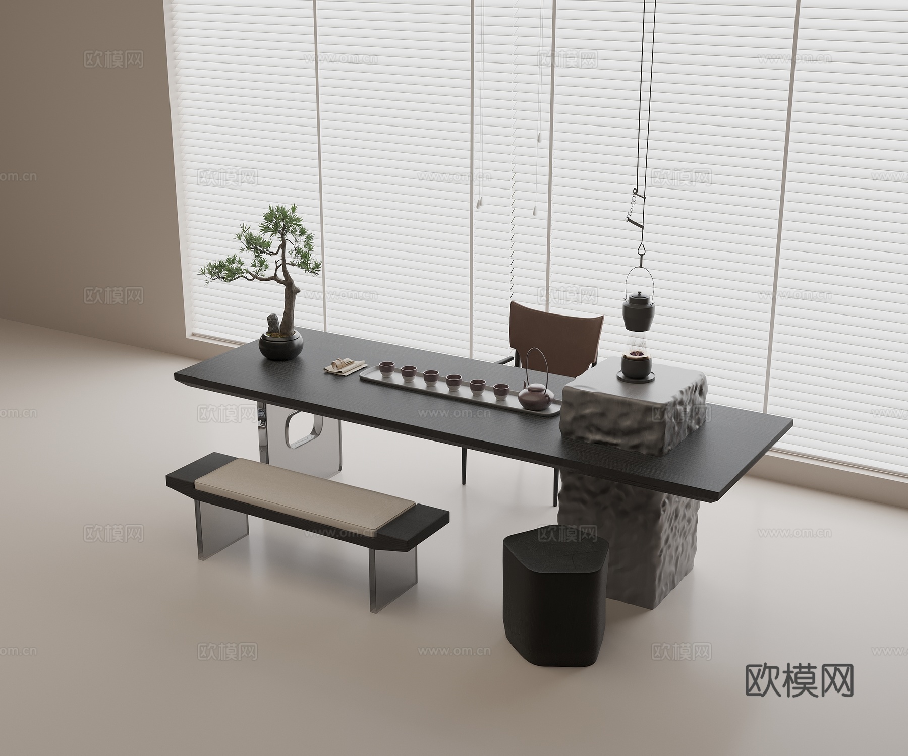 现代茶桌椅组合 实木茶桌 休闲单椅 实木长椅 茶具组合su模型