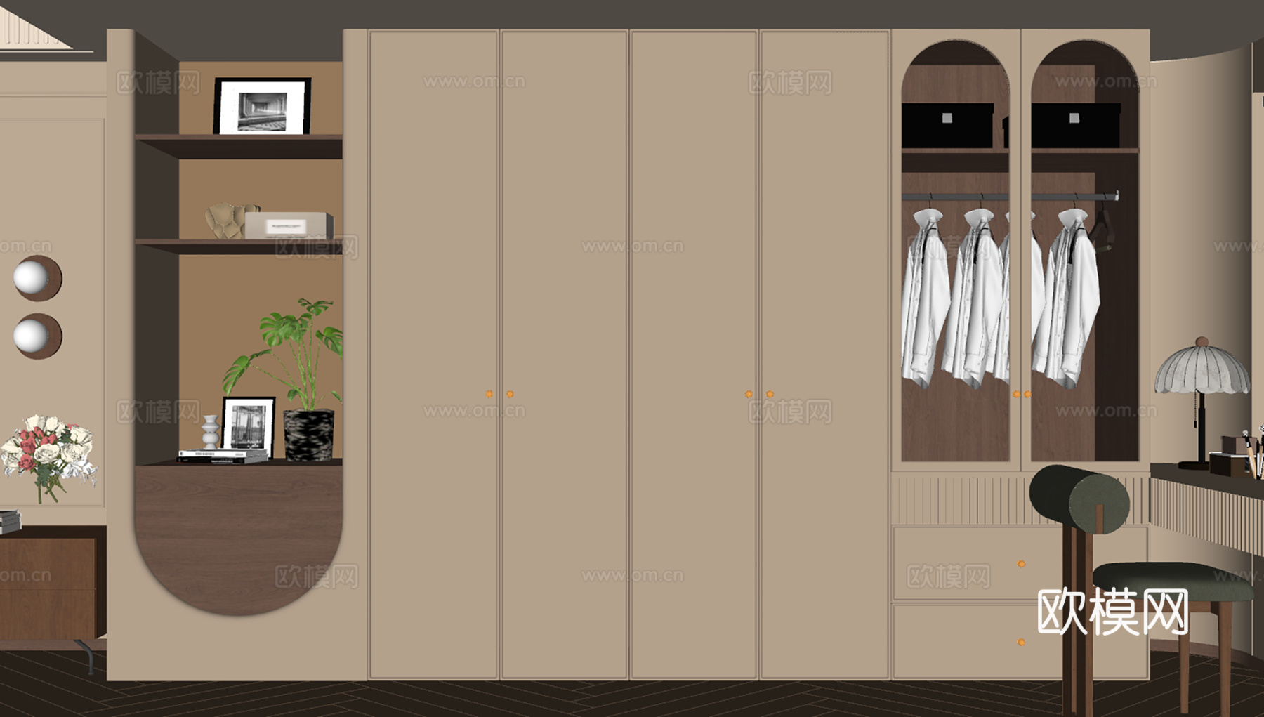 现代法式衣帽间 衣柜端景台 主卧衣柜 梳妆台衣柜su模型