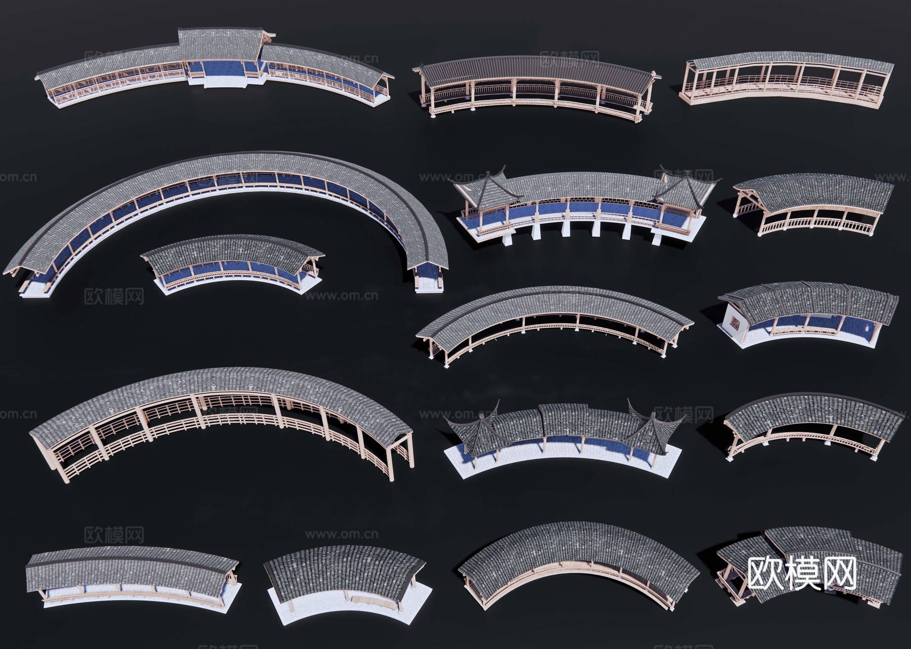 中式弧形廊架 古建长廊 拱形廊架 异形连廊 仿古亭廊景观亭子su模型