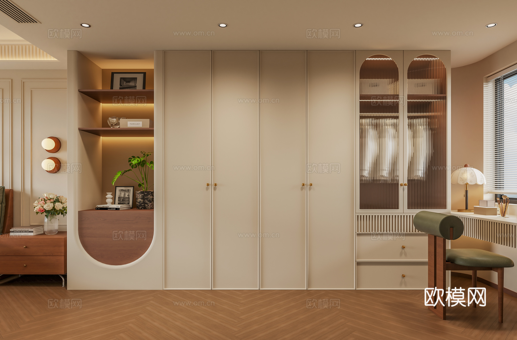 现代法式衣帽间 衣柜端景台 主卧衣柜 梳妆台衣柜su模型