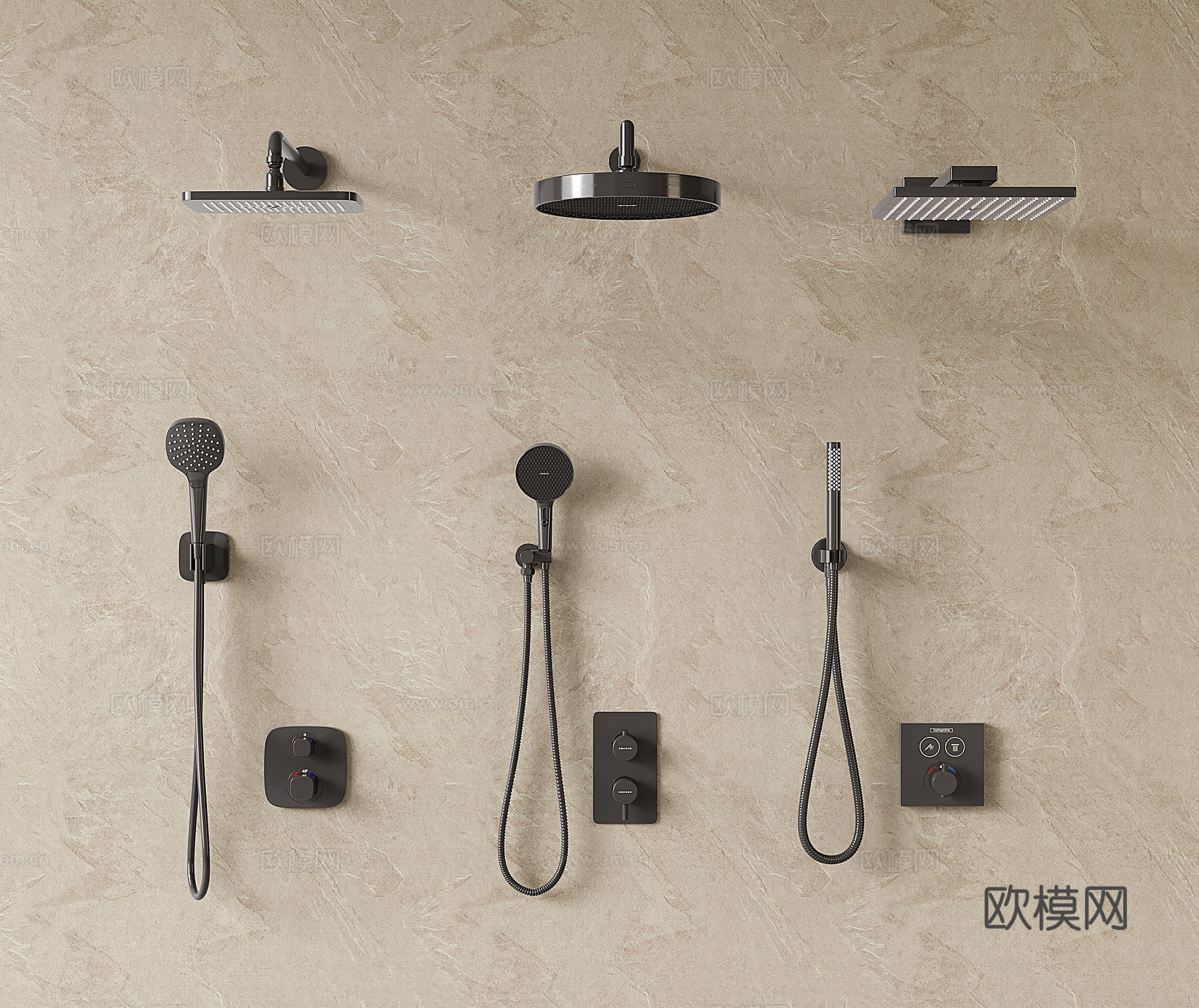 现代嵌入式淋浴 隐藏式花洒 淋雨 洗澡喷头 墙式暗装花洒su模型
