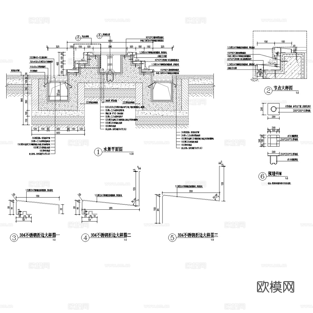 椭圆形入口镜面水景涌泉水景详图cad施工图