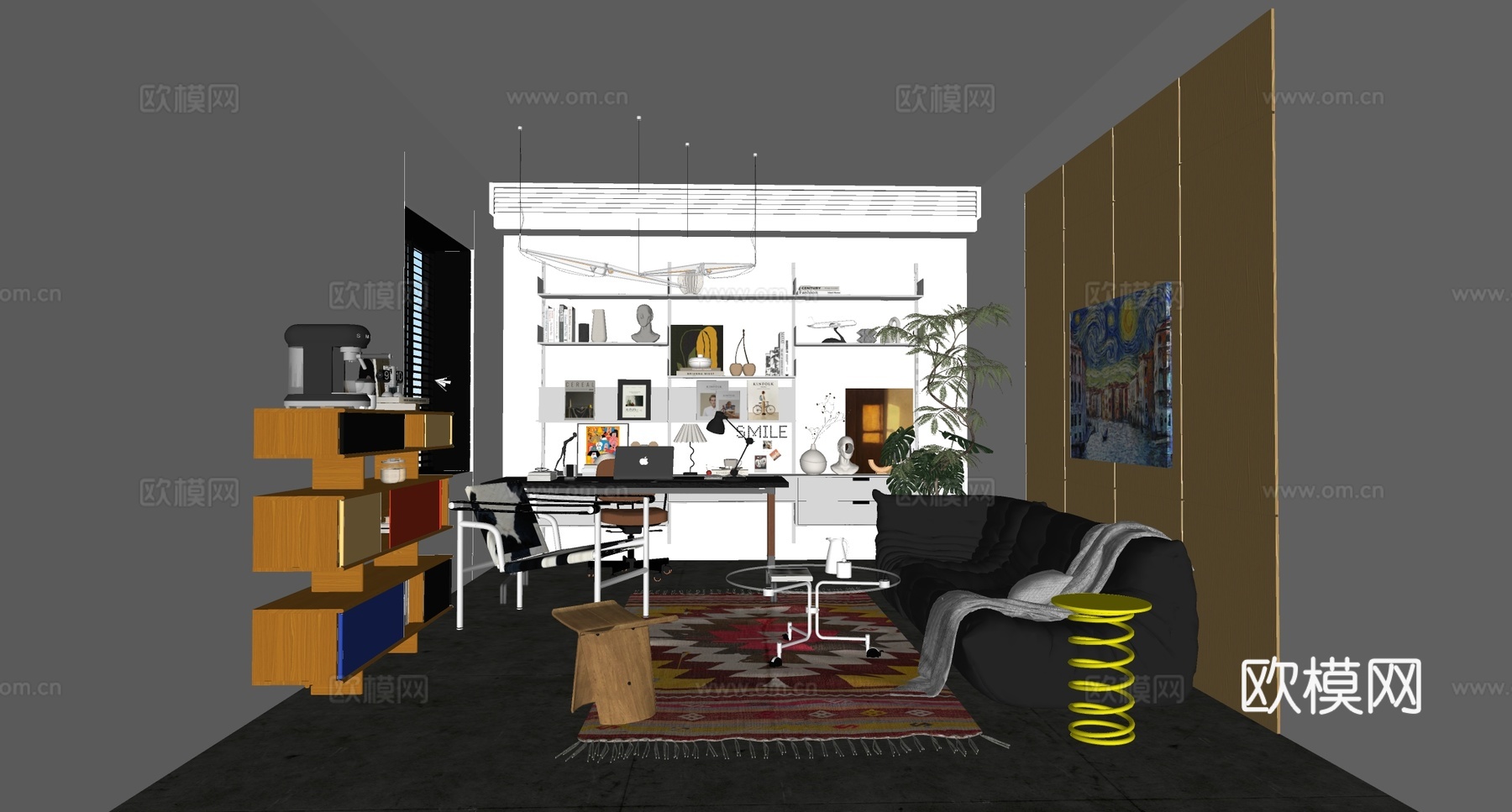 现代书房  包豪斯书房 沙发组合 书桌椅 中古书房su模型