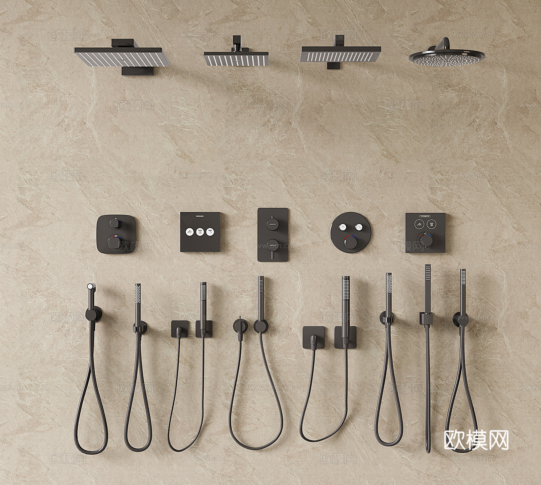 现代嵌入式淋浴 隐藏式花洒 淋雨 洗澡喷头 墙式暗装花洒su模型