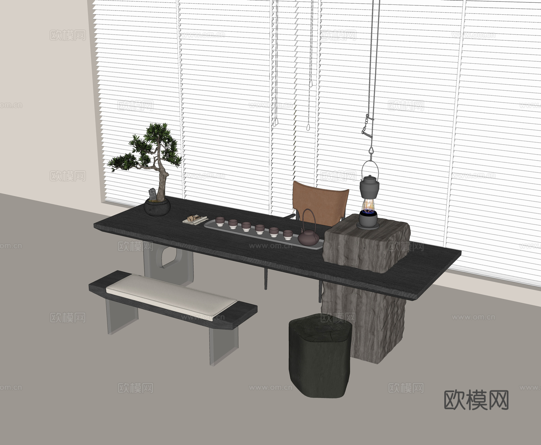 现代茶桌椅组合 实木茶桌 休闲单椅 实木长椅 茶具组合su模型