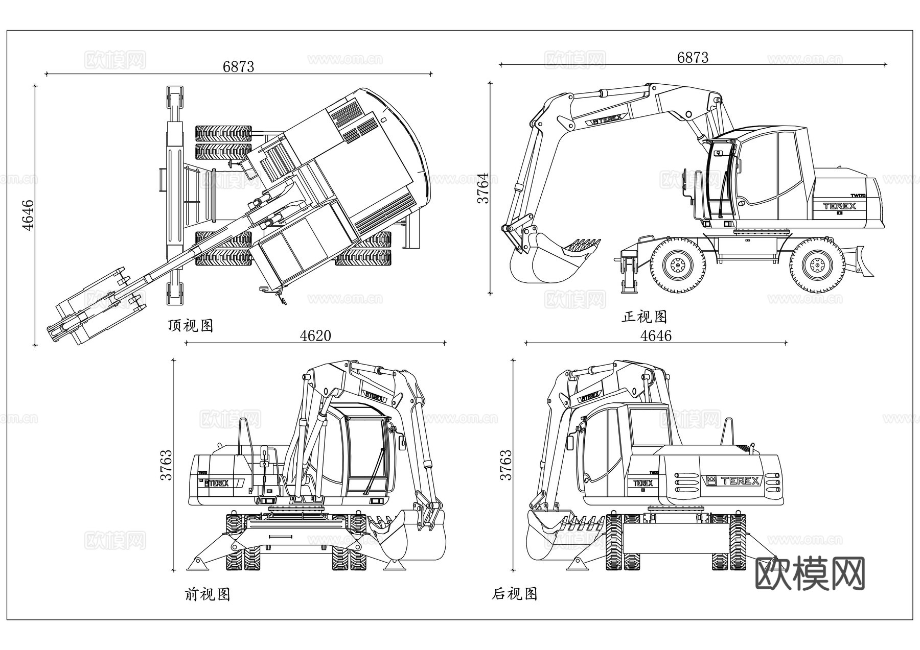 轮胎挖机 轮式挖机 胶轮挖机 轮式钩机 胶轮钩机cad施工图