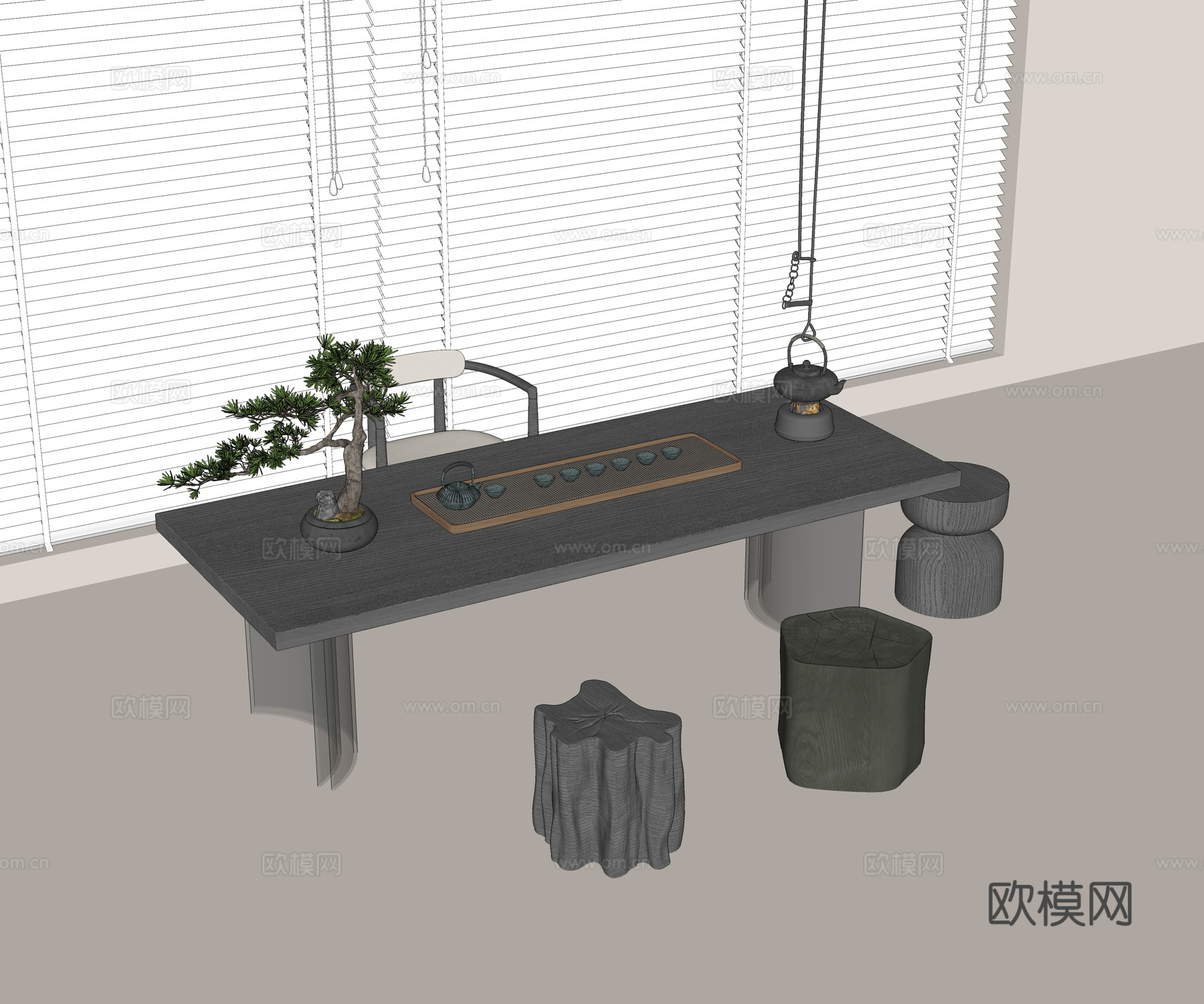 现代茶桌椅组合 实木茶桌 实木单椅 实木矮凳 茶具组合su模型