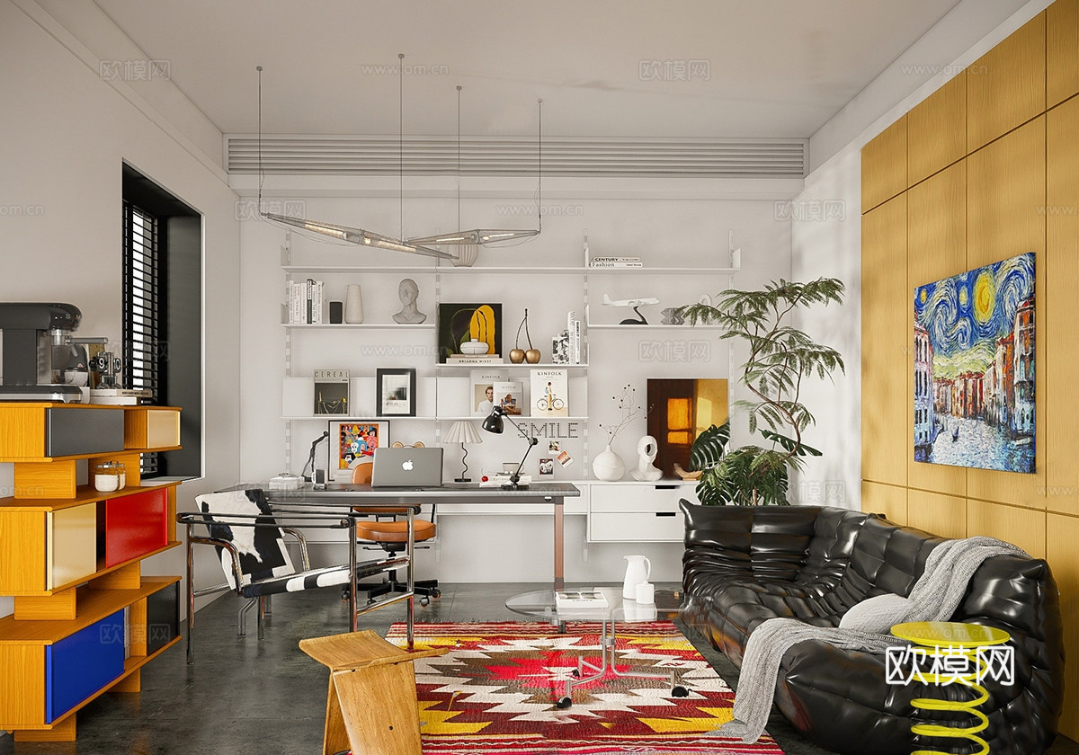 现代书房  包豪斯书房 沙发组合 书桌椅 中古书房su模型