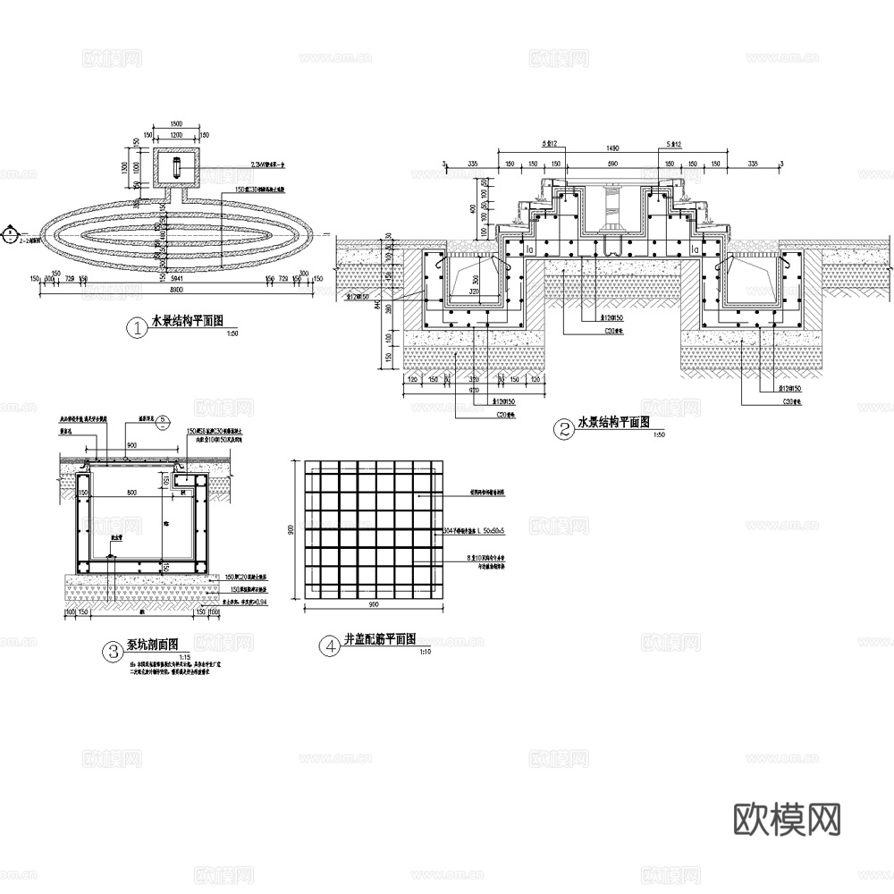 椭圆形入口镜面水景涌泉水景详图cad施工图