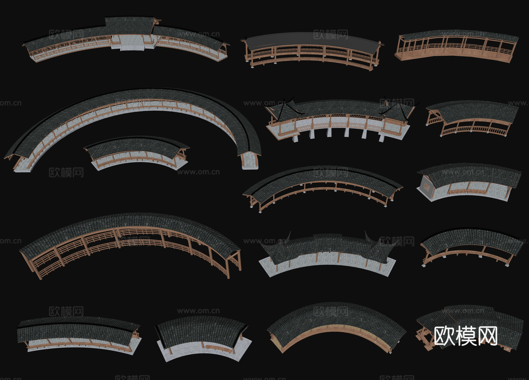 中式弧形廊架 古建长廊 拱形廊架 异形连廊 仿古亭廊景观亭子su模型