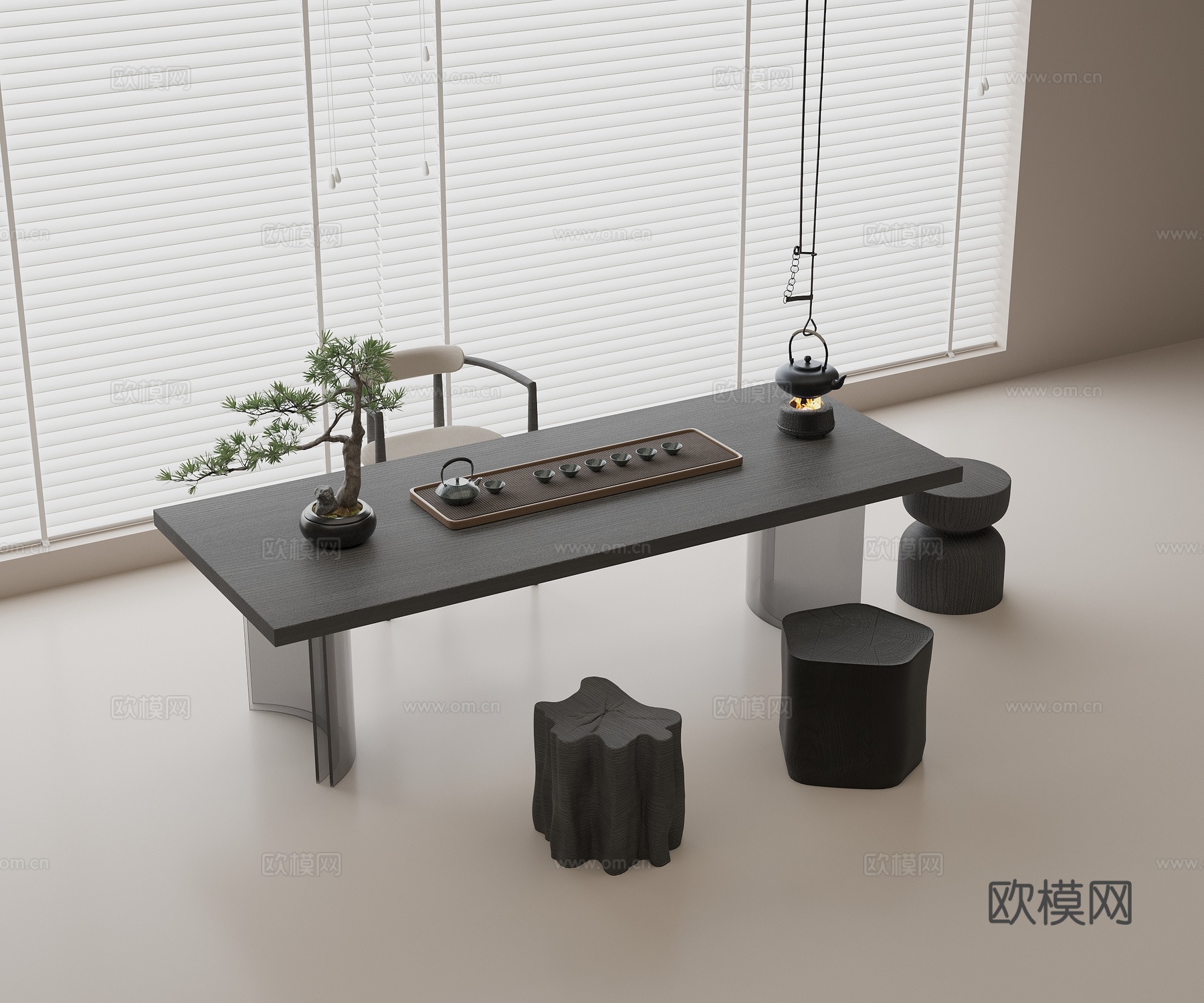 现代茶桌椅组合 实木茶桌 实木单椅 实木矮凳 茶具组合su模型