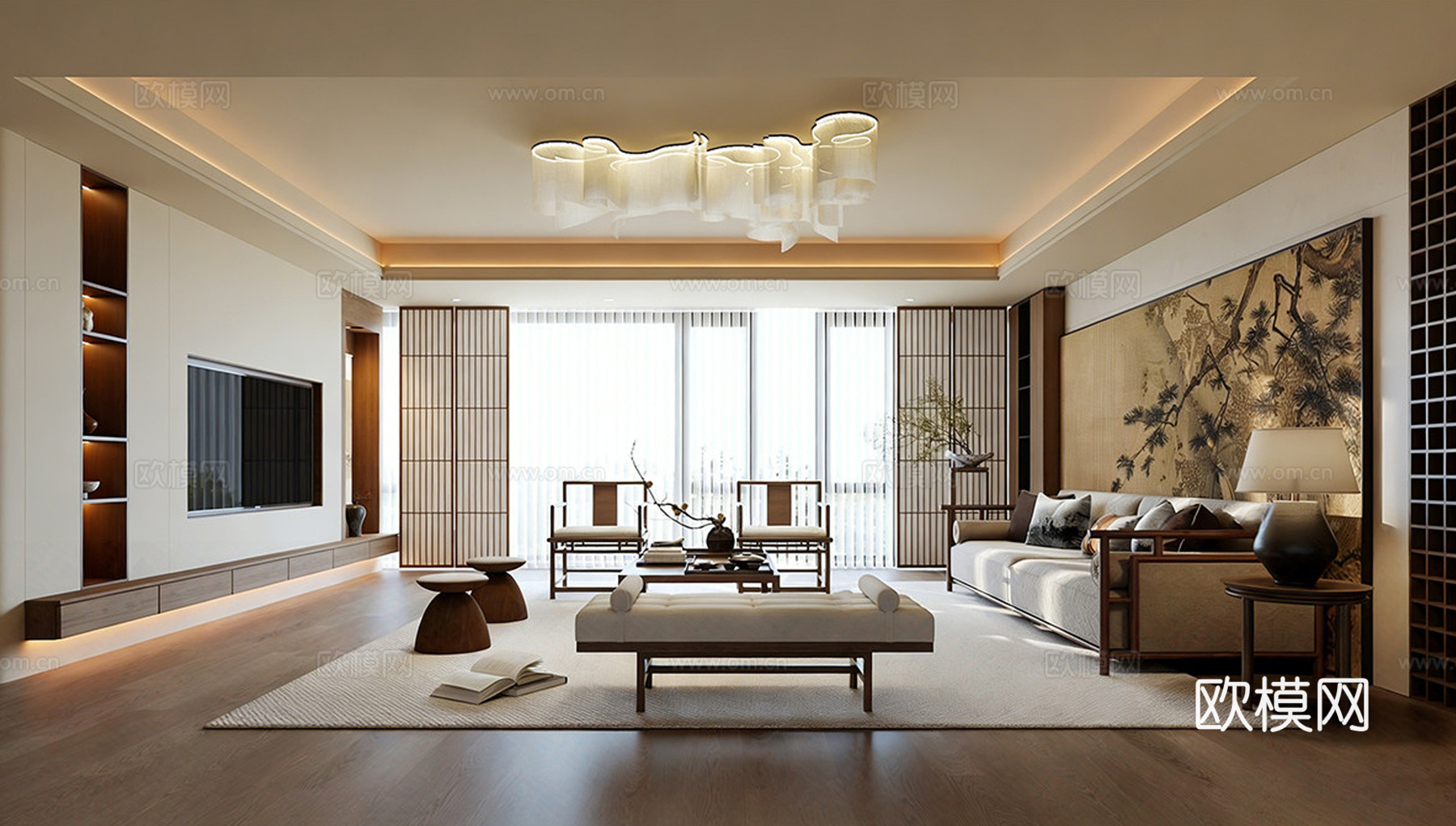 新中式家居客厅 会客室 宋式客厅 沙发组合 电视背景墙su模型