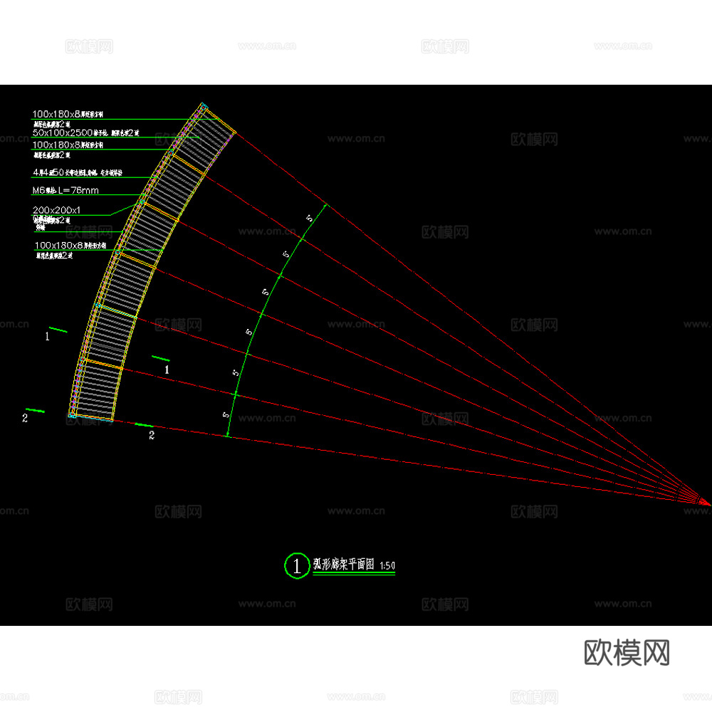 单臂弧形格栅钢结构文化廊架cad施工图