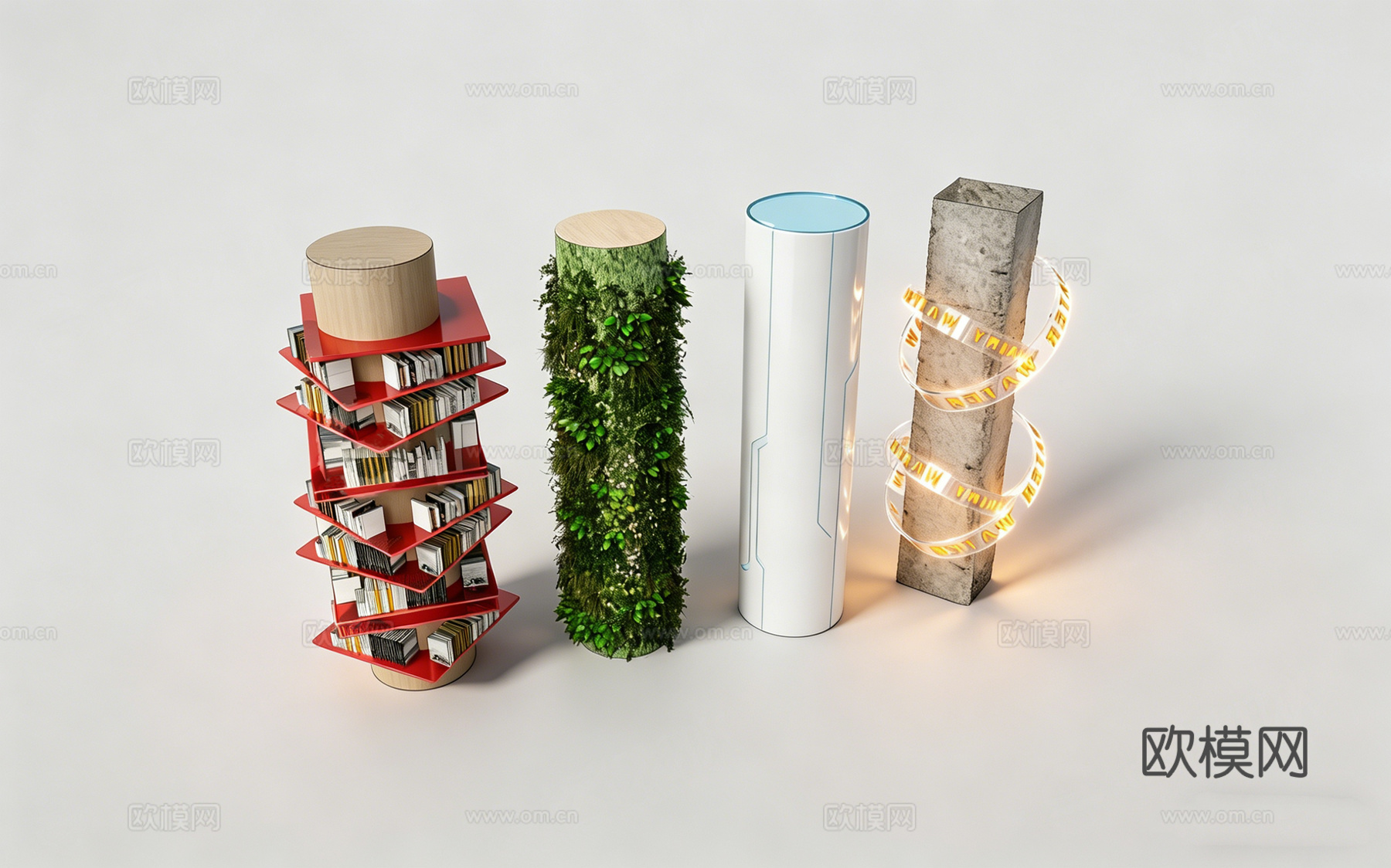 现代艺术装置圆柱 红色螺旋书架柱 绿植覆盖树桩柱 蓝线装饰白su模型