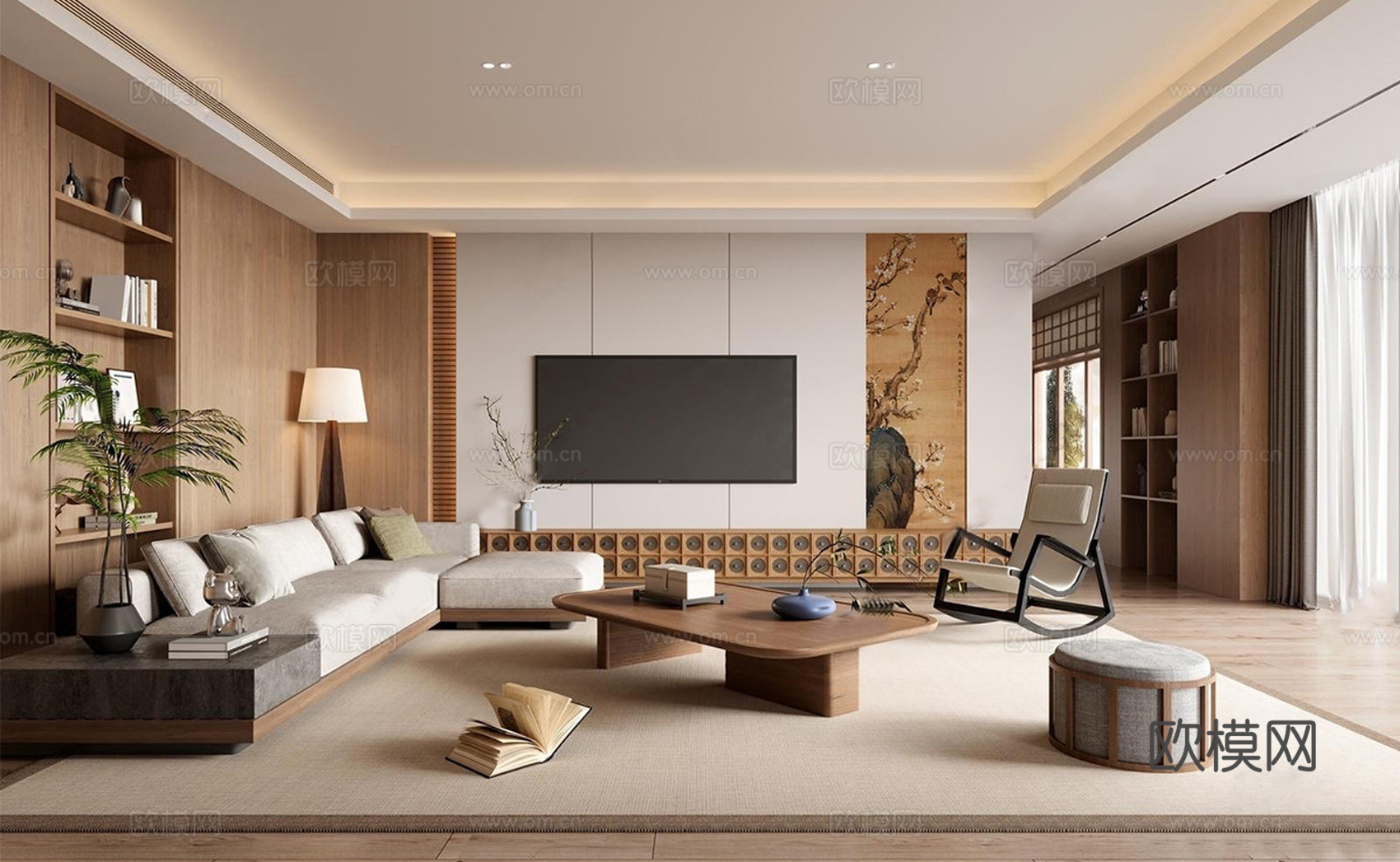 新中式家居客厅 宋代美学客厅 沙发茶几组合 沙发背景墙su模型