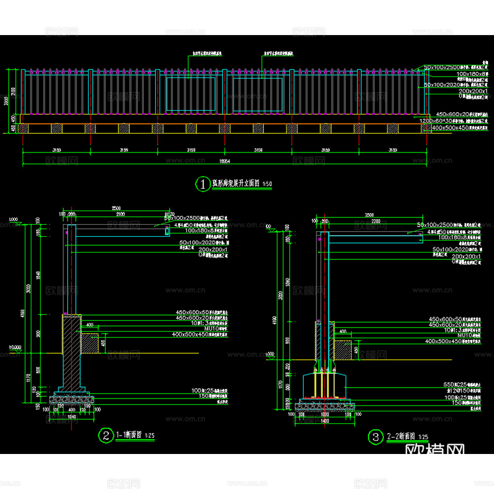 单臂弧形格栅钢结构文化廊架cad施工图