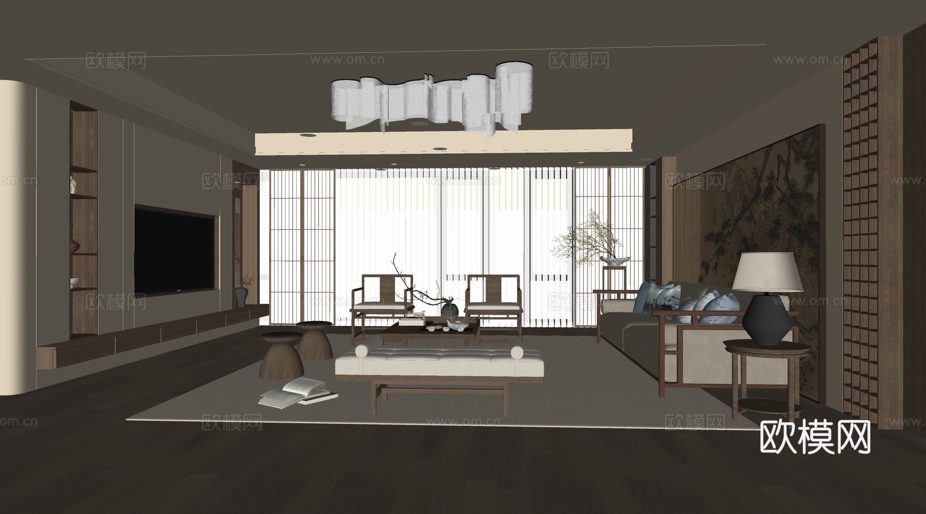 新中式家居客厅 会客室 宋式客厅 沙发组合 电视背景墙su模型