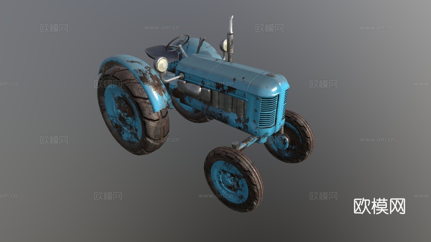 蓝色旧拖拉机游戏就绪低多边形PBRsu模型
