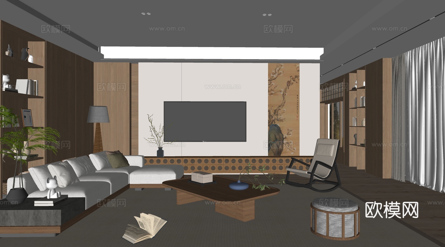 新中式家居客厅 宋代美学客厅 沙发茶几组合 沙发背景墙su模型