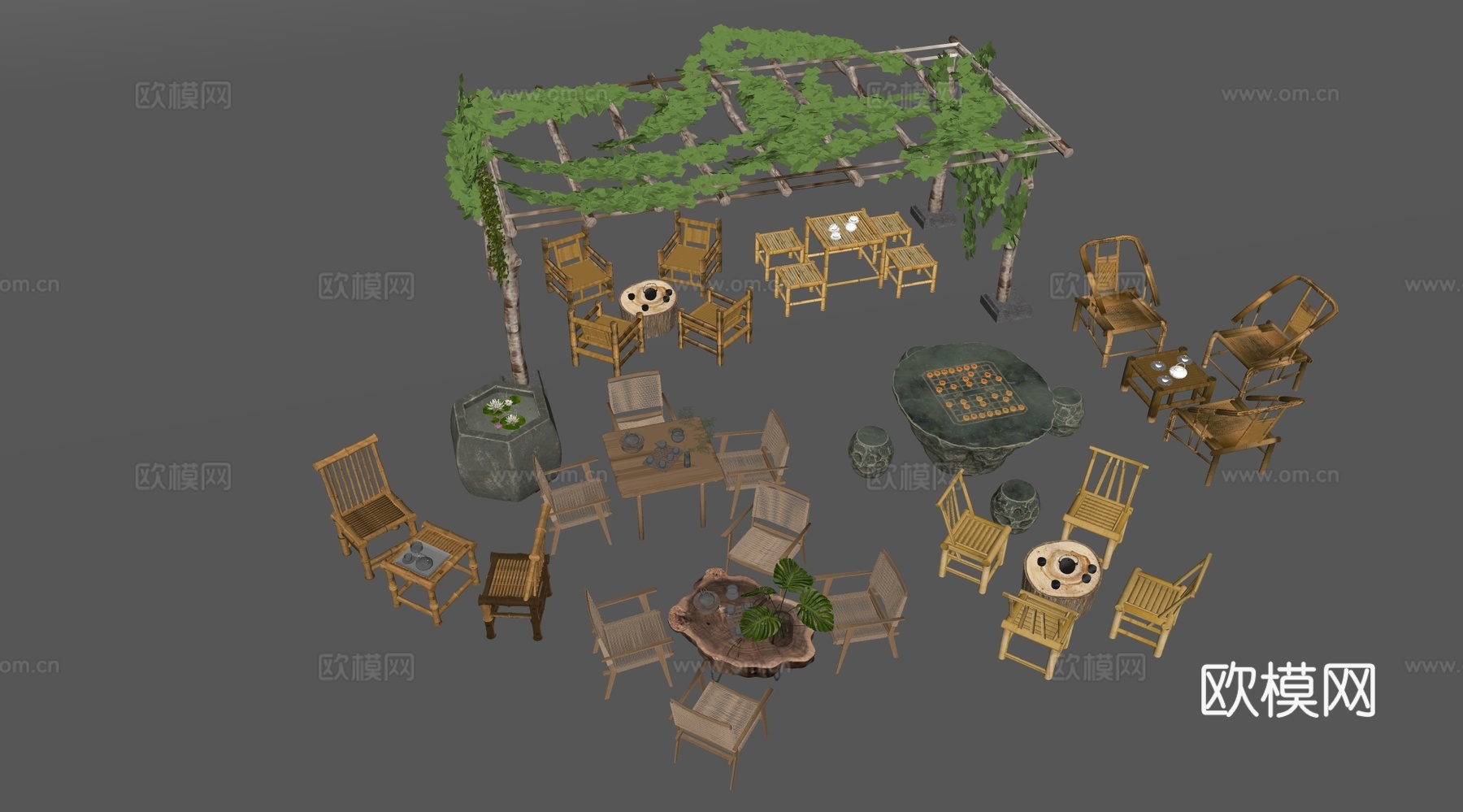 新中式户外桌椅组合 竹编桌椅su模型