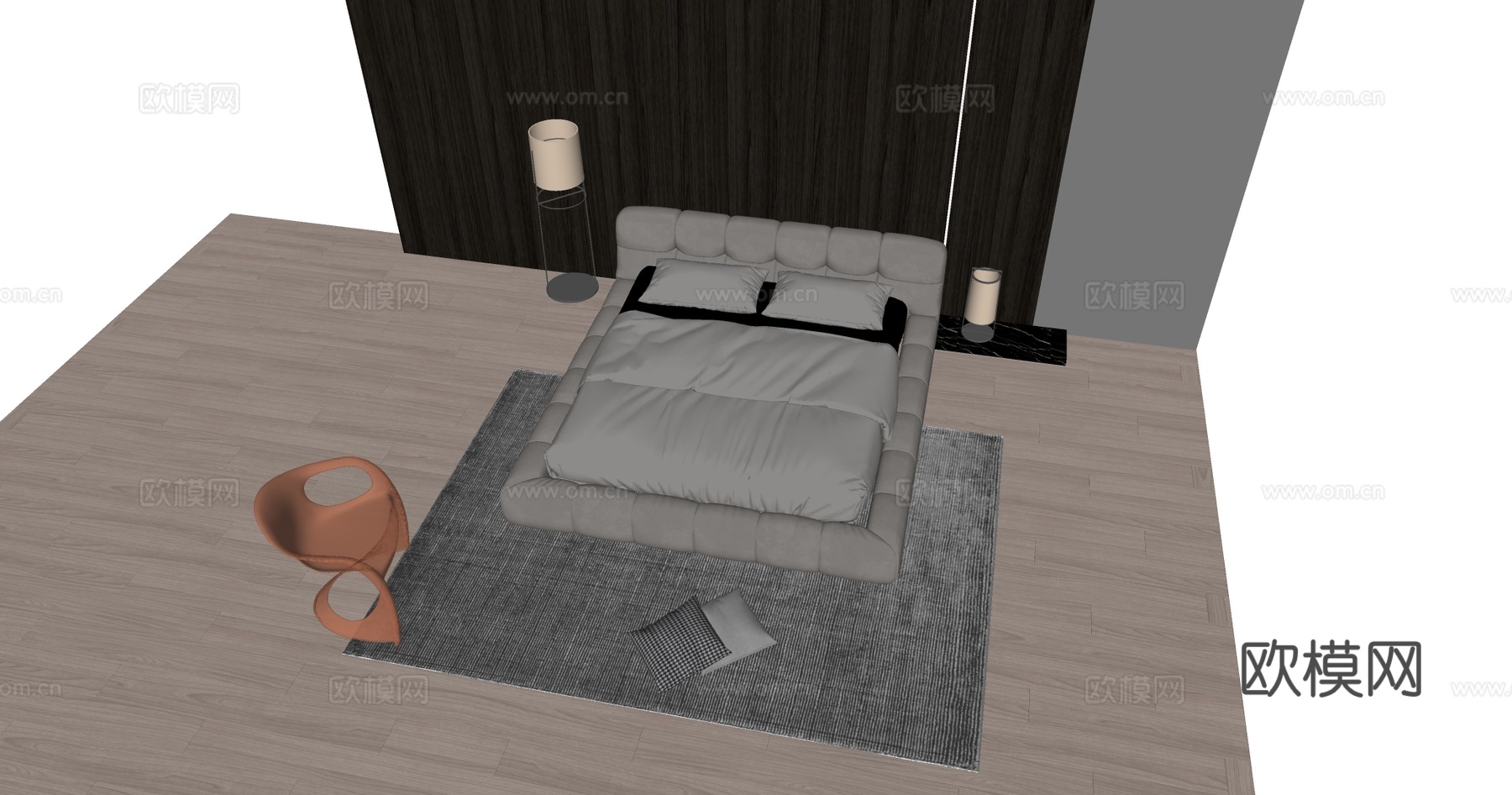 现代简约温馨主卧 方形软包床 玫瑰金椅 金色落地灯 木饰背景su模型