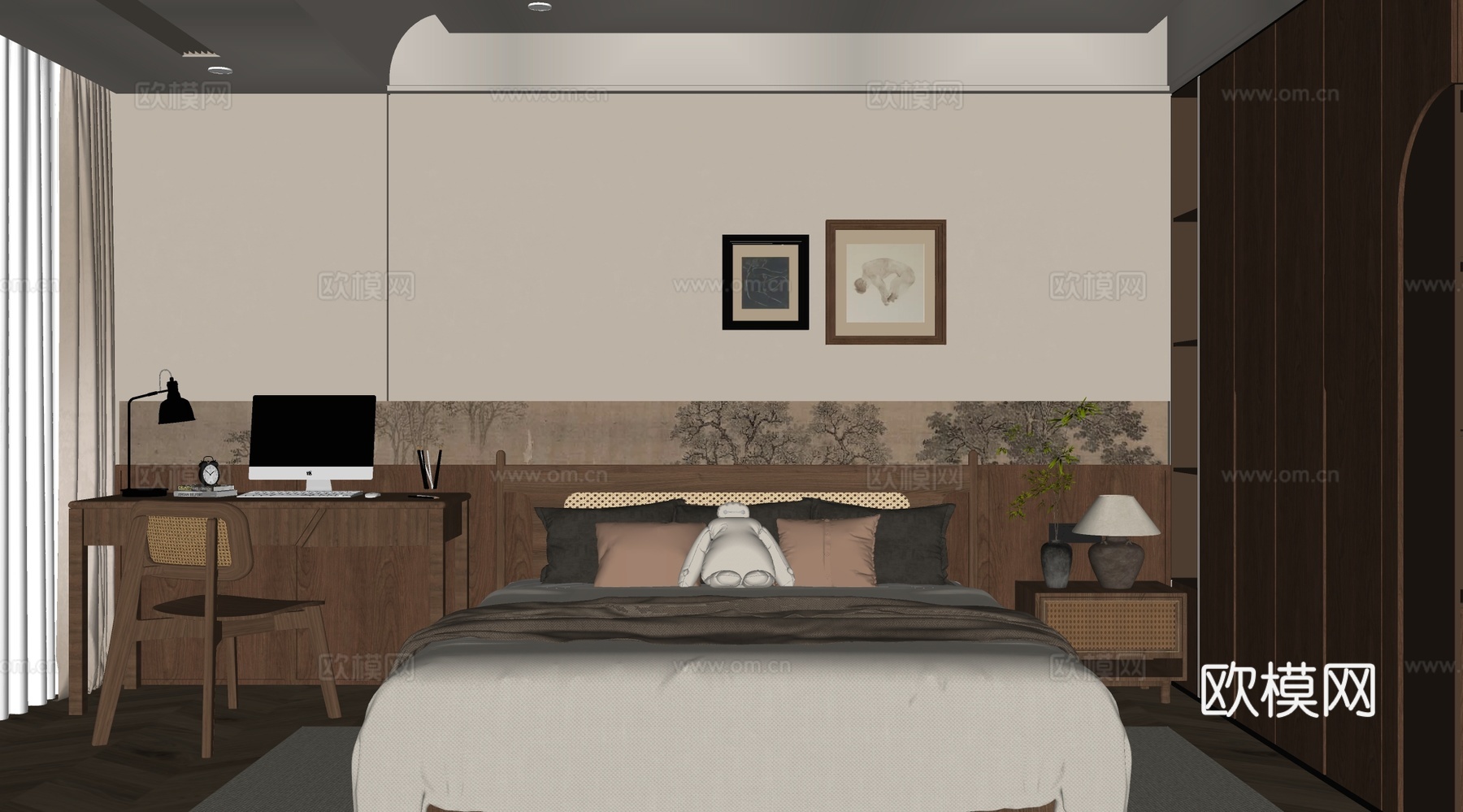侘寂中古家居卧室 双人床 衣柜su模型