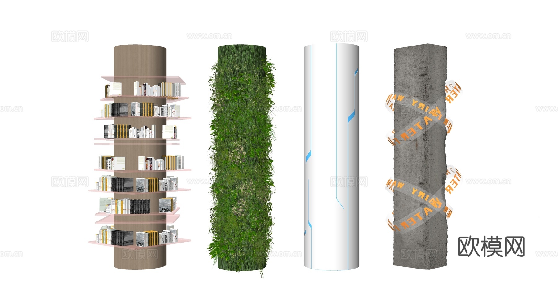 现代艺术装置圆柱 红色螺旋书架柱 绿植覆盖树桩柱 蓝线装饰白su模型