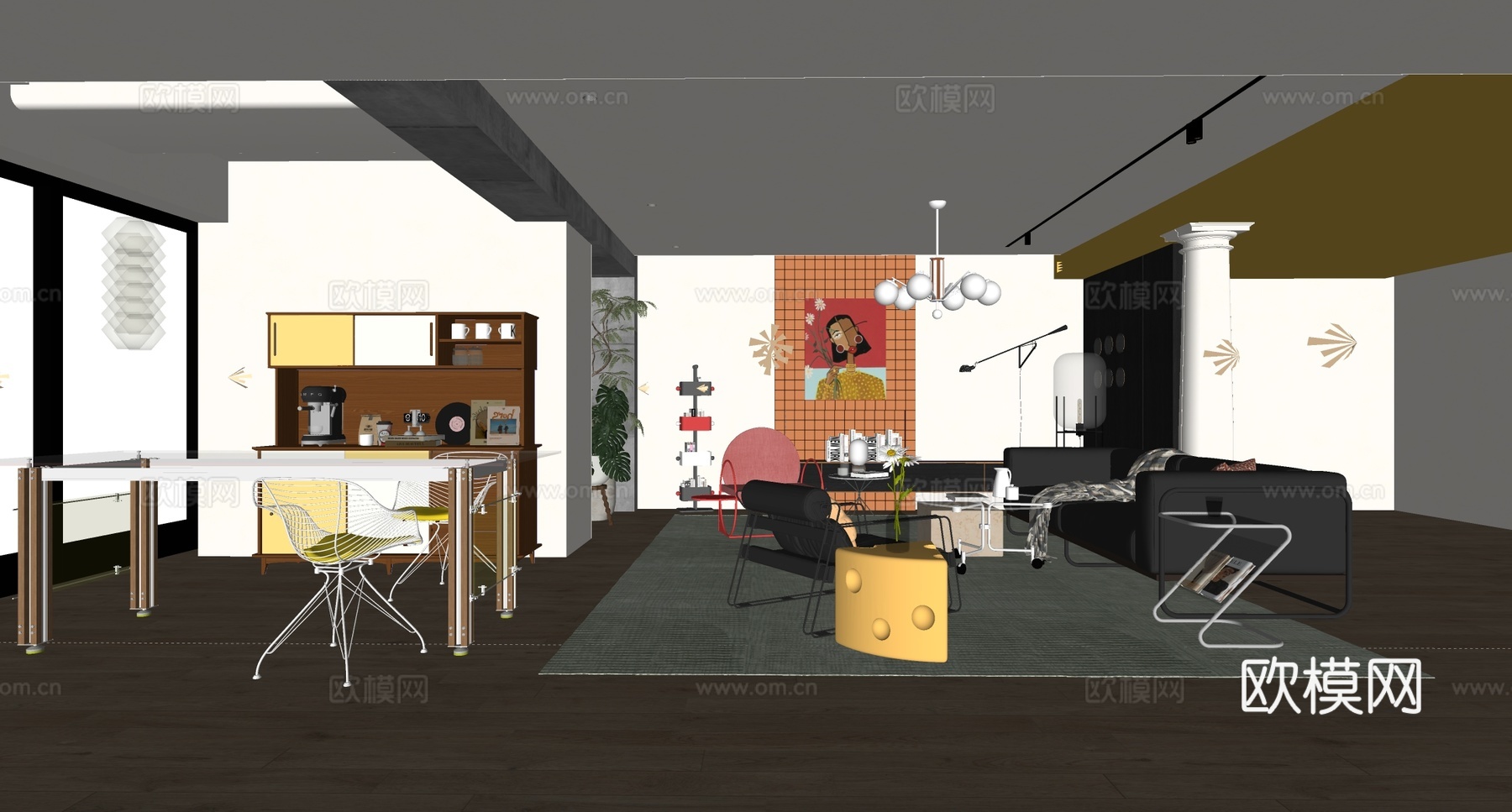 现代家居客厅 现代包豪斯客厅 沙发组合 餐桌 边柜su模型