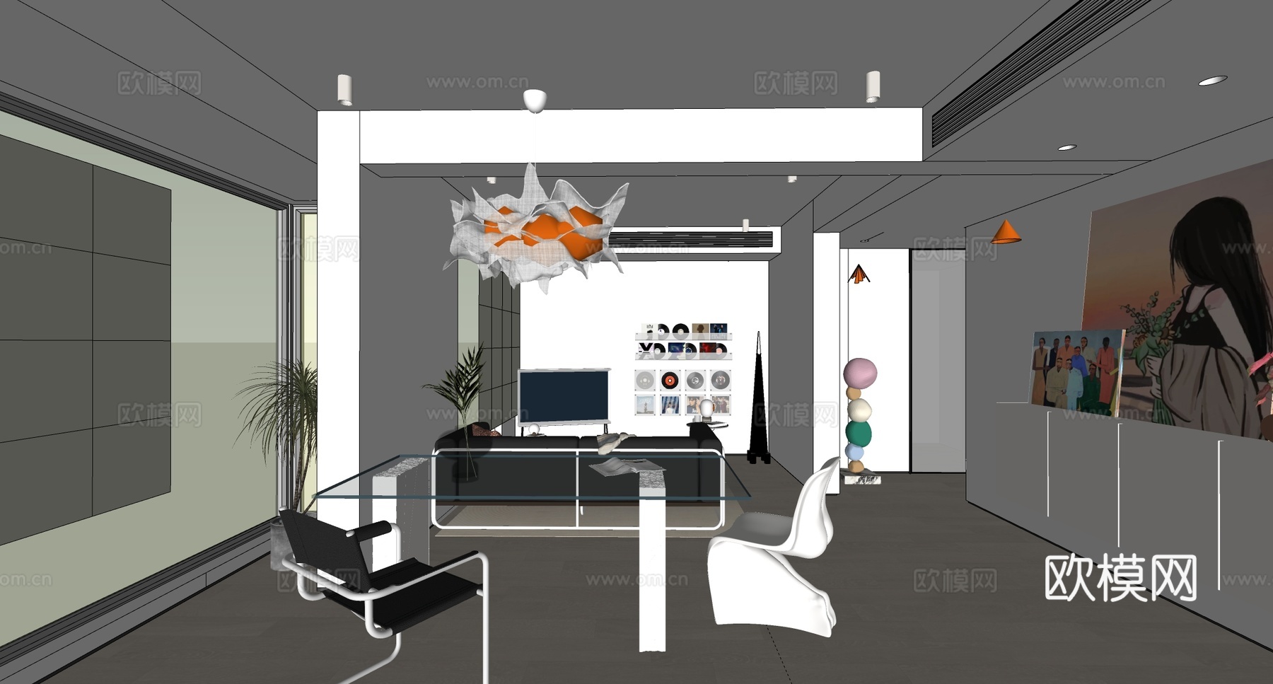 现代极简客餐厅 沙发组合 餐桌椅组合su模型