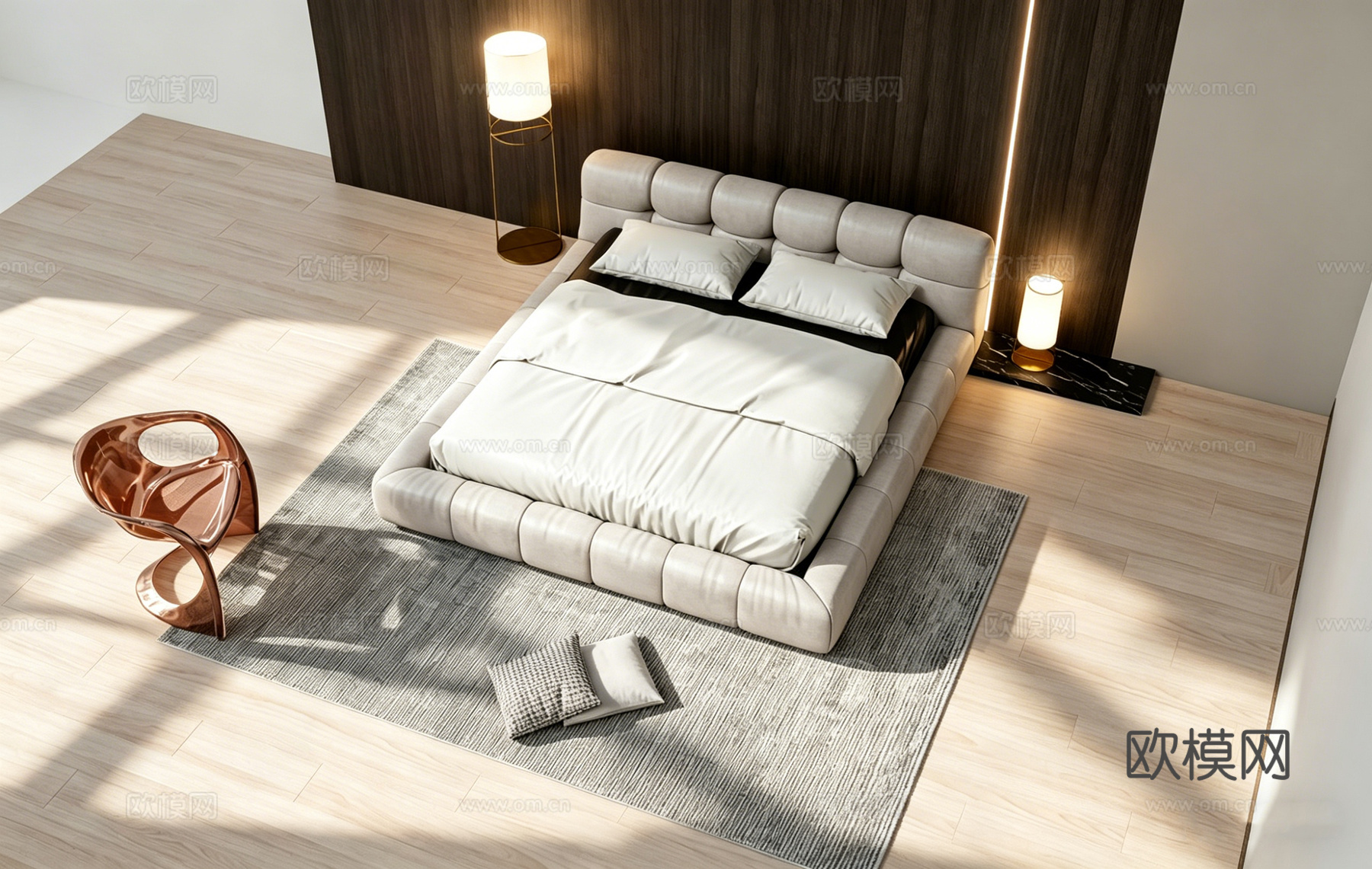 现代简约温馨主卧 方形软包床 玫瑰金椅 金色落地灯 木饰背景su模型