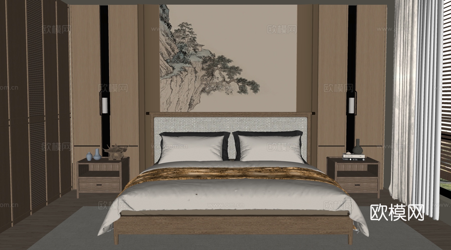 新中式禅意家居卧室 宋式卧室 卧室背景墙 双人床 衣柜su模型