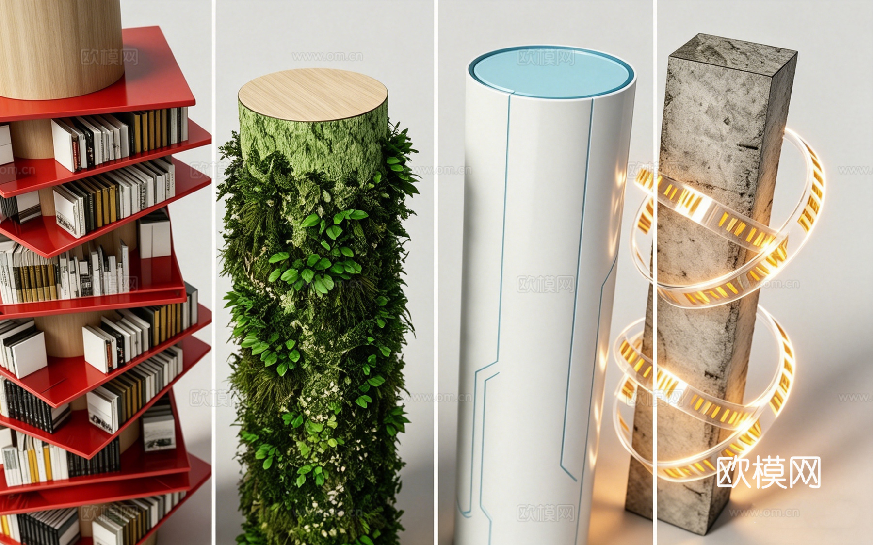 现代艺术装置圆柱 红色螺旋书架柱 绿植覆盖树桩柱 蓝线装饰白su模型