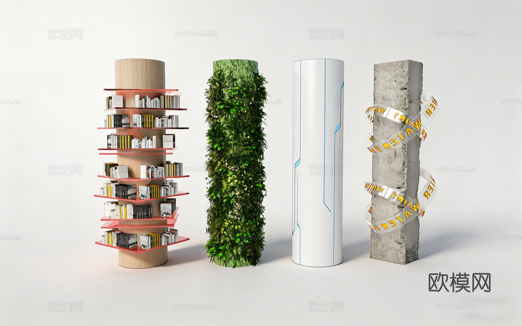 现代艺术装置圆柱 红色螺旋书架柱 绿植覆盖树桩柱 蓝线装饰白su模型