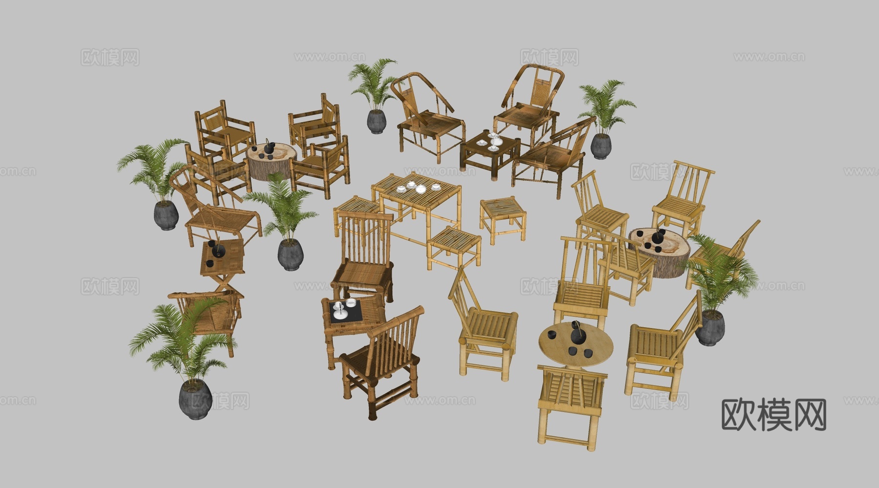 新中式户外桌椅 休闲桌椅组合su模型