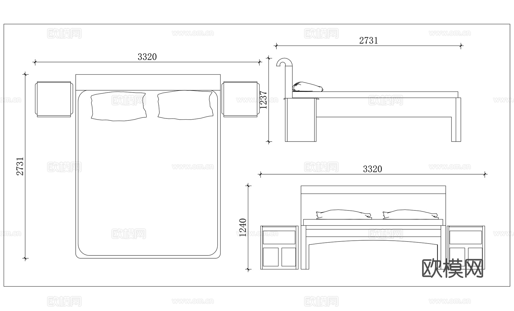 简约双人床 轻奢双人床 北欧双人床 新式双人床 时尚双人床cad施工图