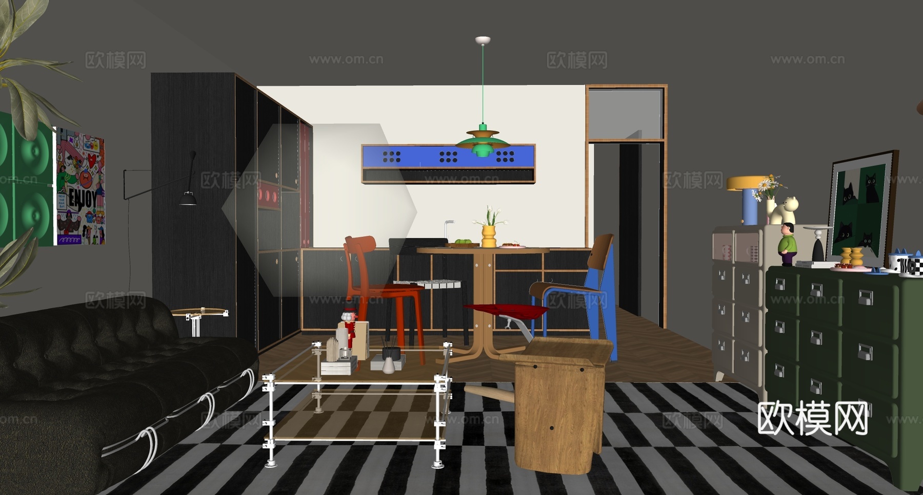 现代家居客厅 现代包豪斯客厅 沙发组合 餐桌 边柜su模型