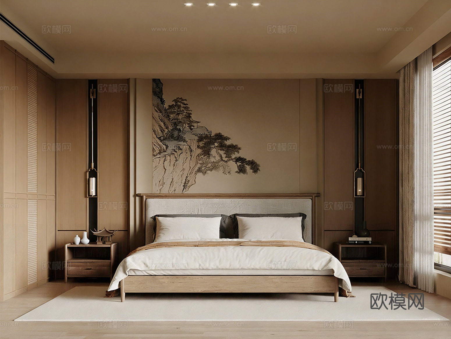 新中式禅意家居卧室 宋式卧室 卧室背景墙 双人床 衣柜su模型