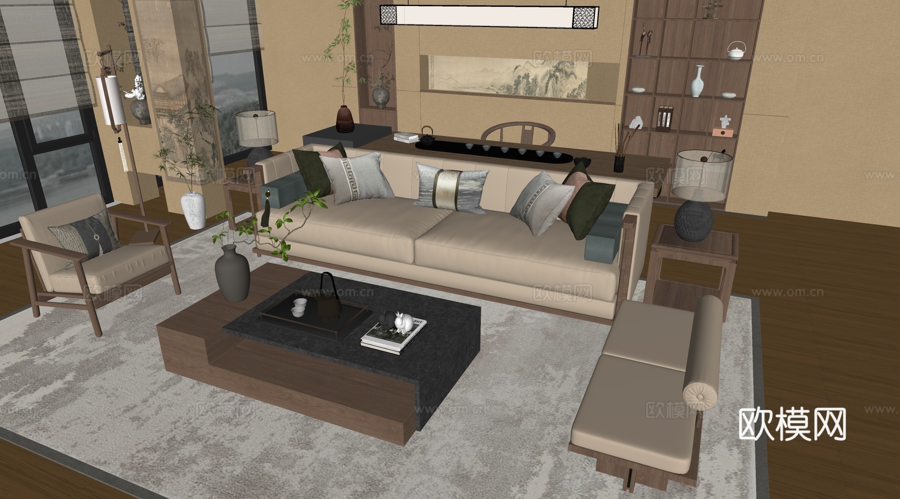 新中式家居客厅 会客室 宋式客厅 沙发组合 沙发背景墙su模型