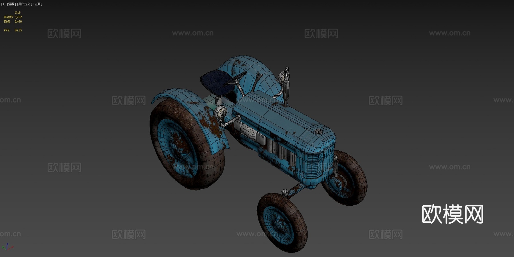蓝色旧拖拉机游戏就绪低多边形PBRsu模型