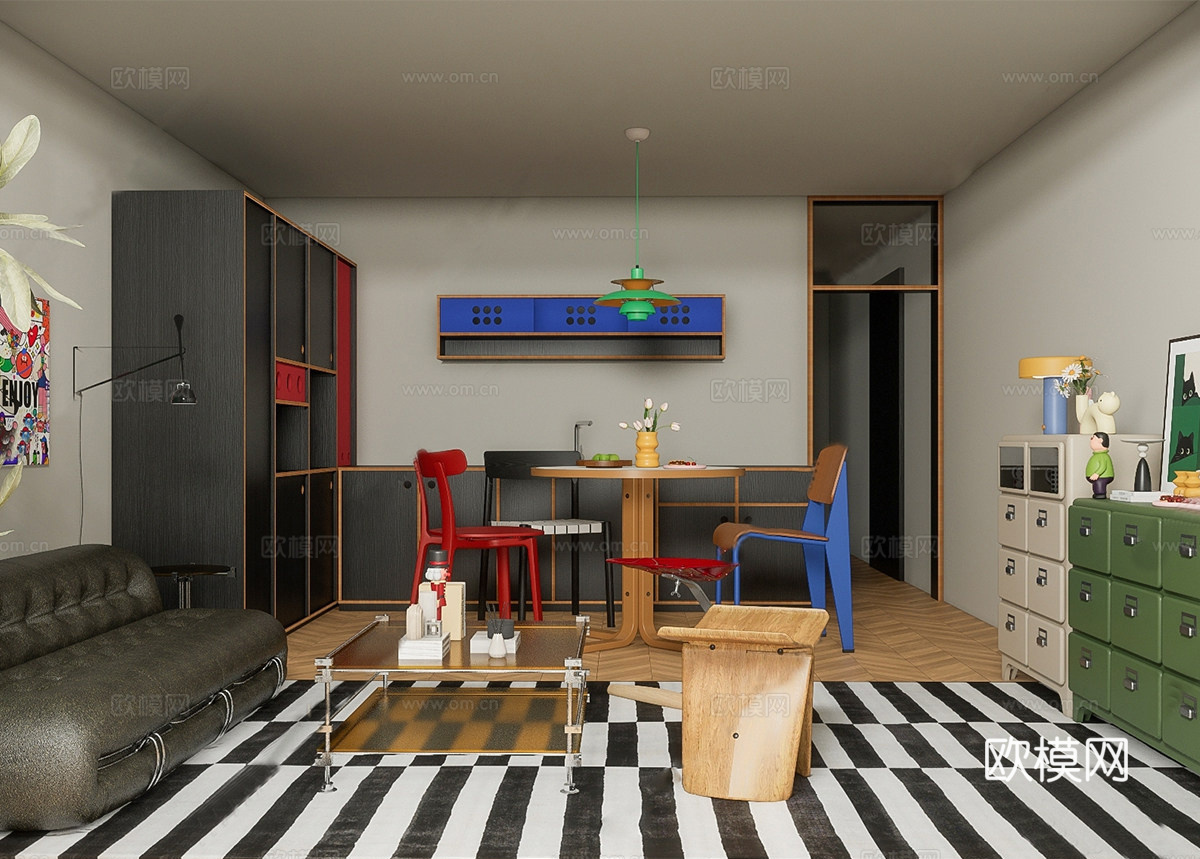 现代家居客厅 现代包豪斯客厅 沙发组合 餐桌 边柜su模型