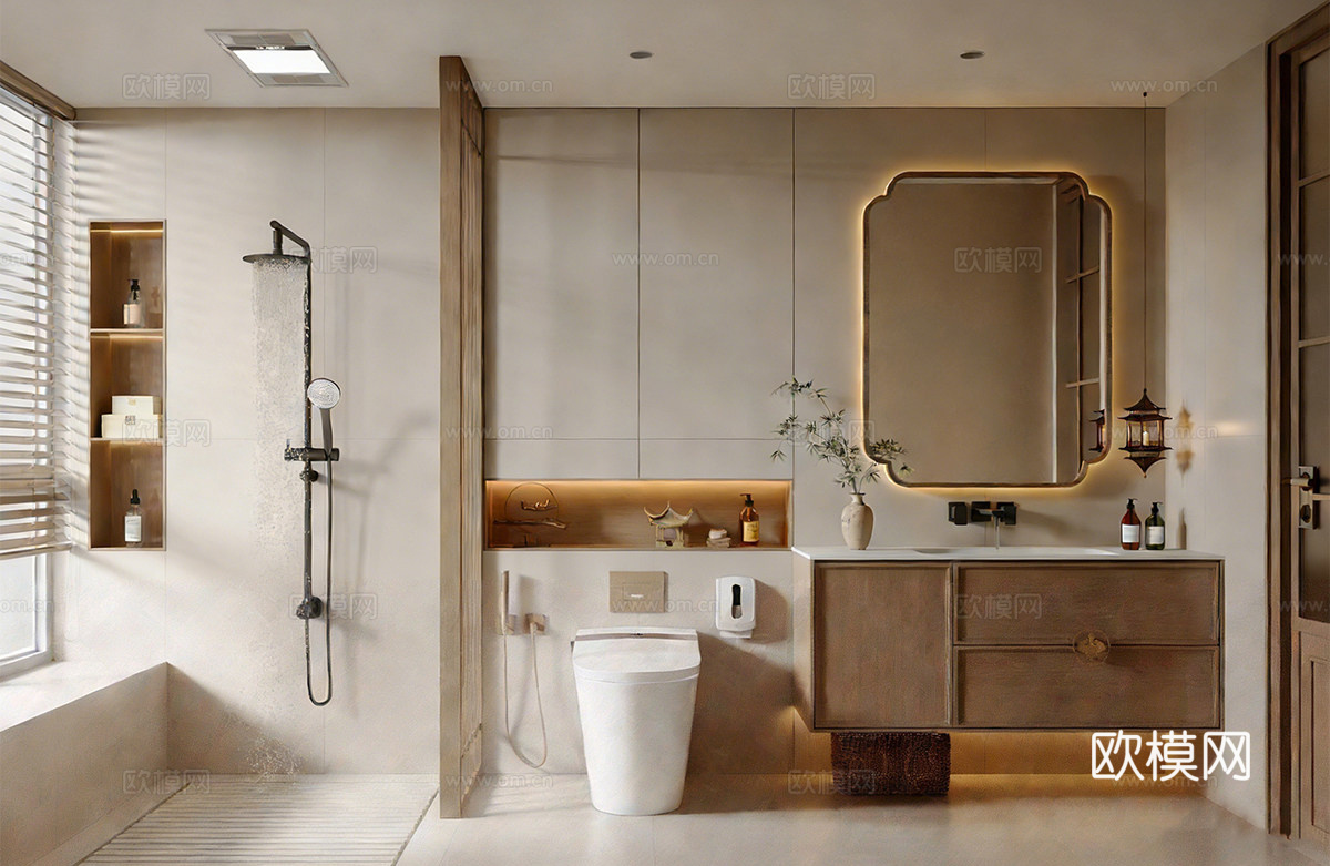 新中式中式卫生间 干湿分离卫生间 卫浴柜 卫浴镜su模型