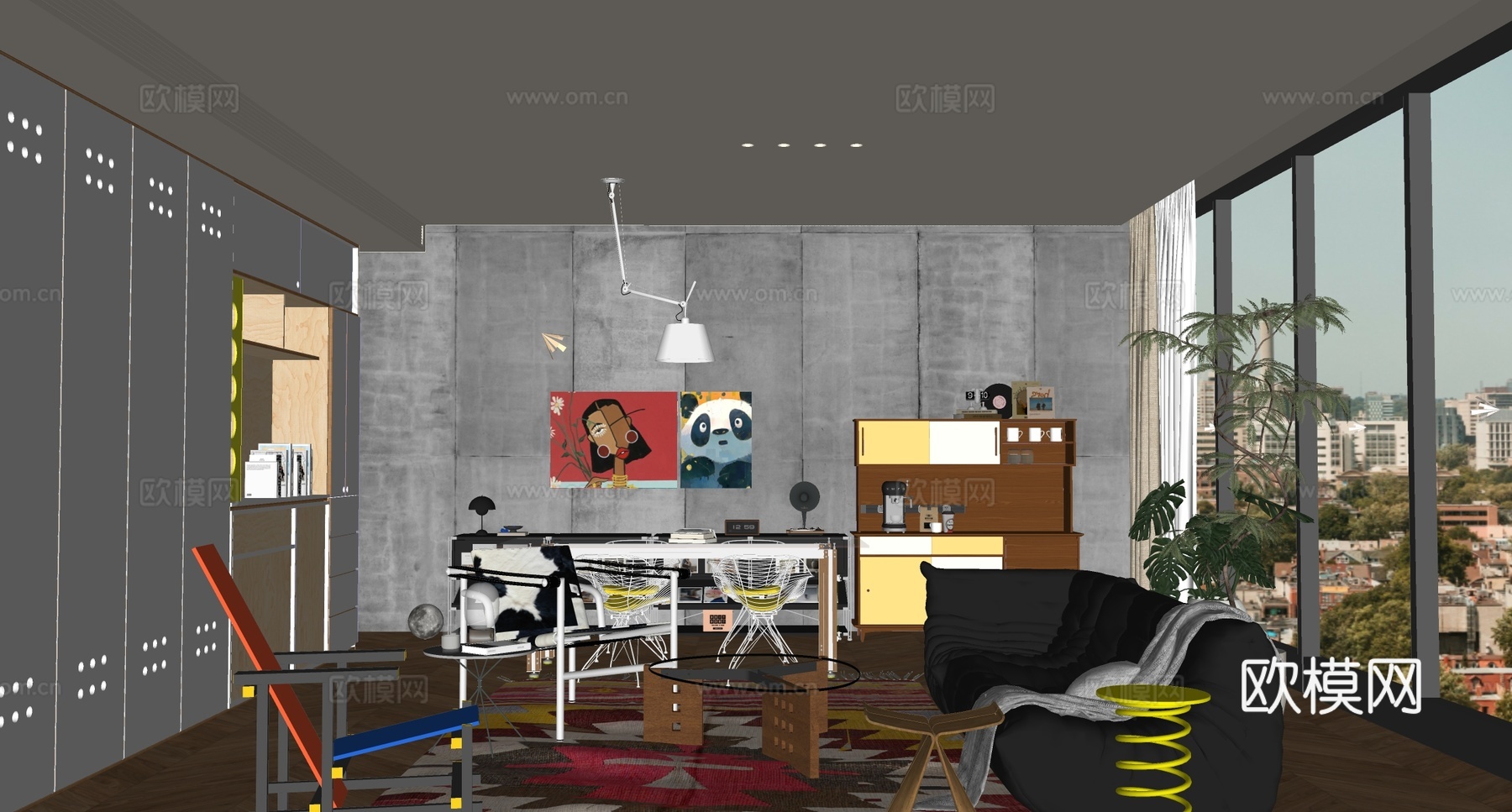 现代家居客厅  包豪斯客餐厅 中古沙发组合 餐桌su模型