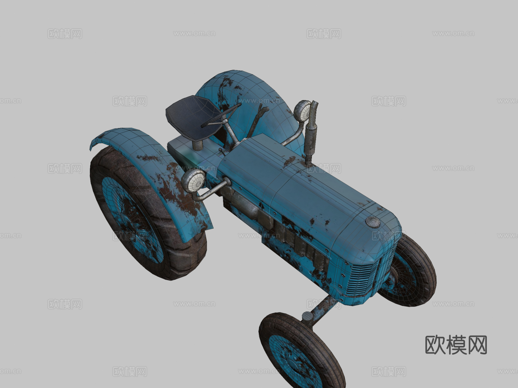 蓝色旧拖拉机游戏就绪低多边形PBRsu模型