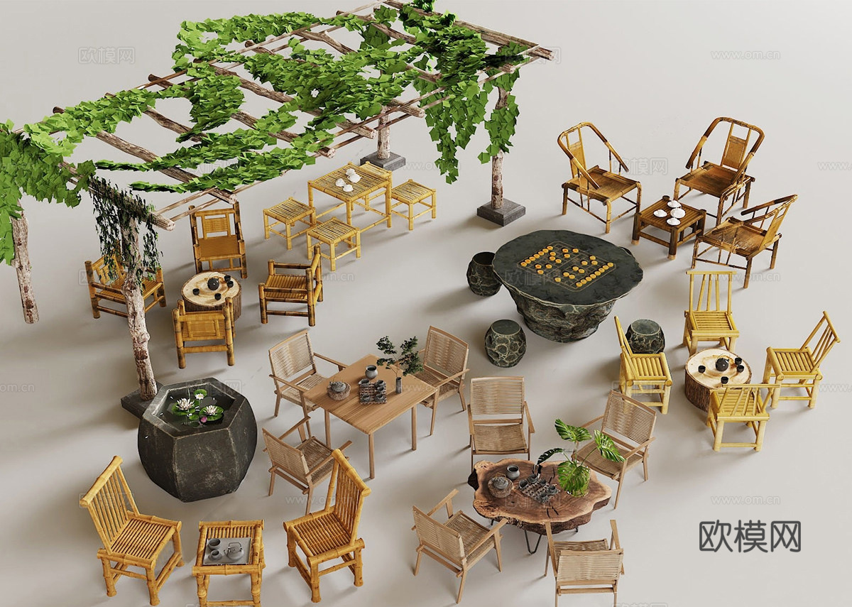 新中式户外桌椅组合 竹编桌椅su模型